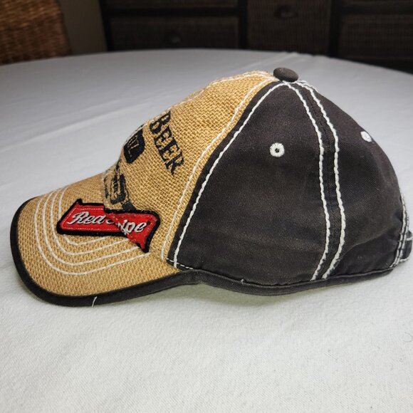 Vintage Red Stripe Beer Hat Baseball Cap Burlap and Black Adjustable Strap - Picture 2 of 4